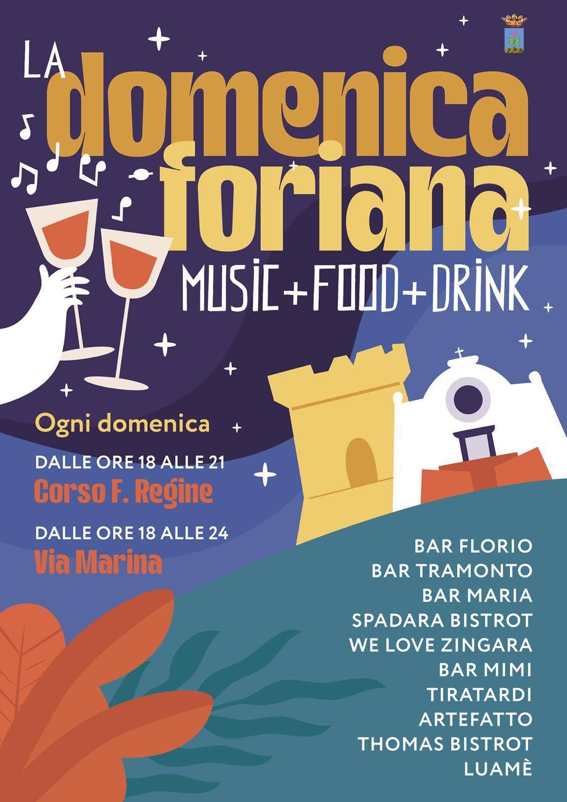 La locandina dell’evento titolo principale in caratteri grandi e colorati: “Musica • Food • Drink • Divertimento”. La grafica include illustrazioni stilizzate che rappresentano Forio