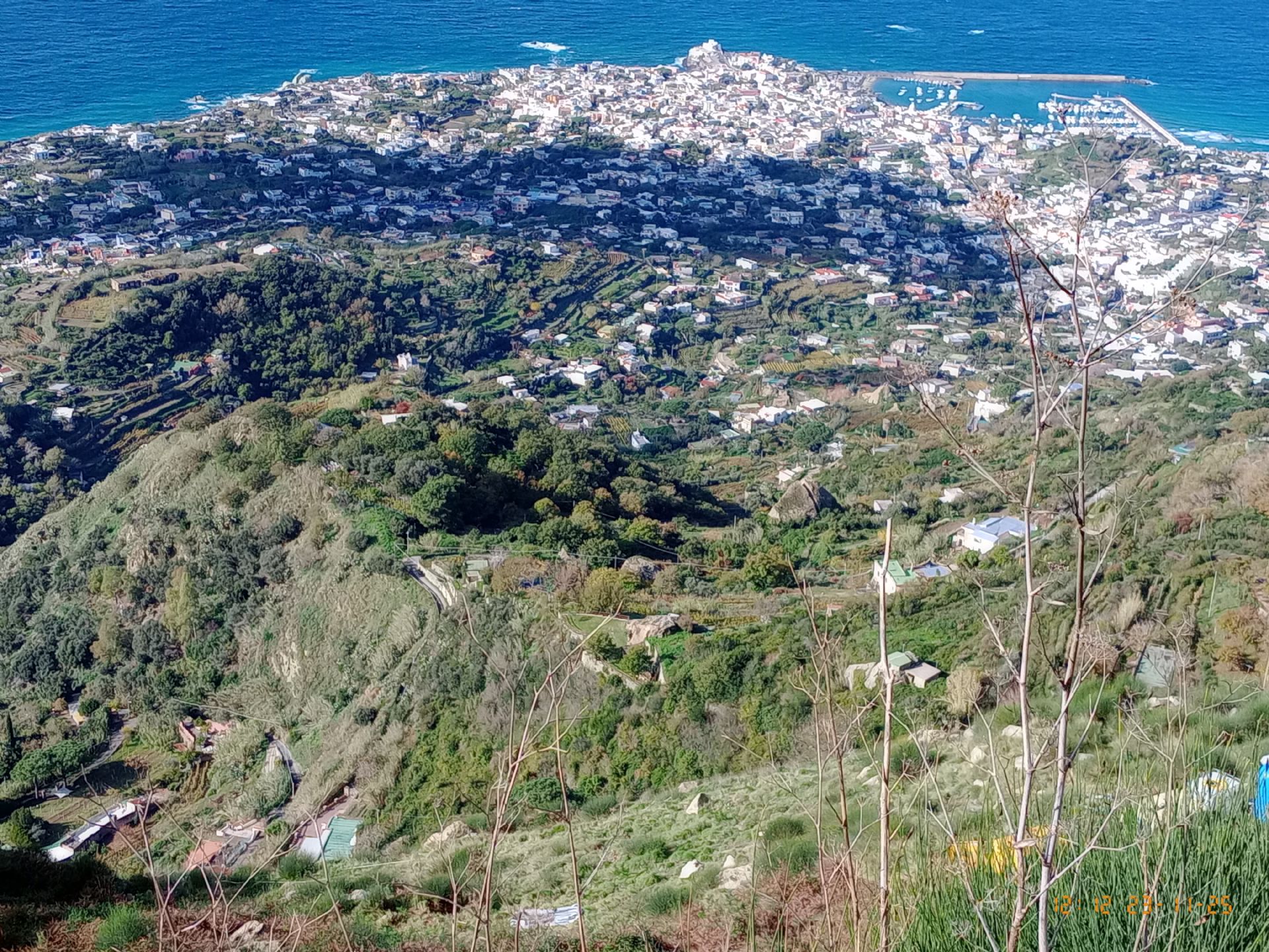 Panorama dai Frassitelli - il verde del crinale terrazzato a vigneti, il bianco del centro storico di Forio e il blu del mare.