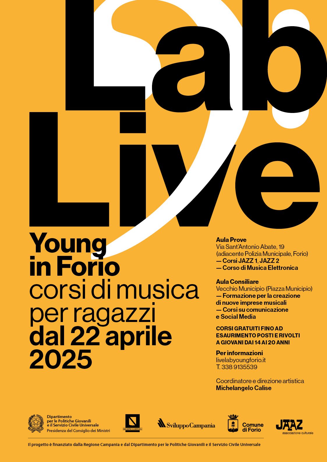  i turn0image2 La locandina di "Lab Live" promuove un'iniziativa musicale a Forio dedicata ai giovani, offrendo loro l'opportunità di esibirsi e partecipare a laboratori creativi. L'evento mira a valorizzare il talento locale e a creare uno spazio di espressione artistica per i ragazzi. 