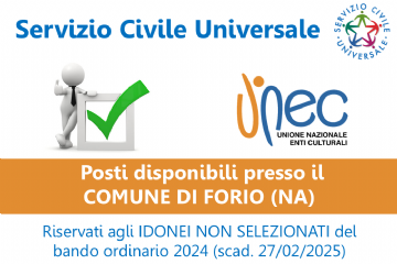 Grafica con i loghi di UNEC e Servizio Civile, accompagnata da un'illustrazione di un omino con spunta verde che segnala la disponibilità di 4 posti. L'immagine contiene anche informazioni relative a un avviso.
