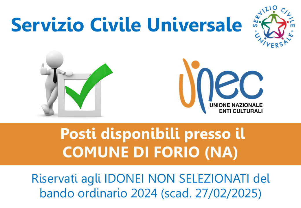 Grafica con i loghi di UNEC e Servizio Civile, accompagnata da un'illustrazione di un omino con spunta verde che segnala la disponibilità di 4 posti. L'immagine contiene anche informazioni relative a un avviso.