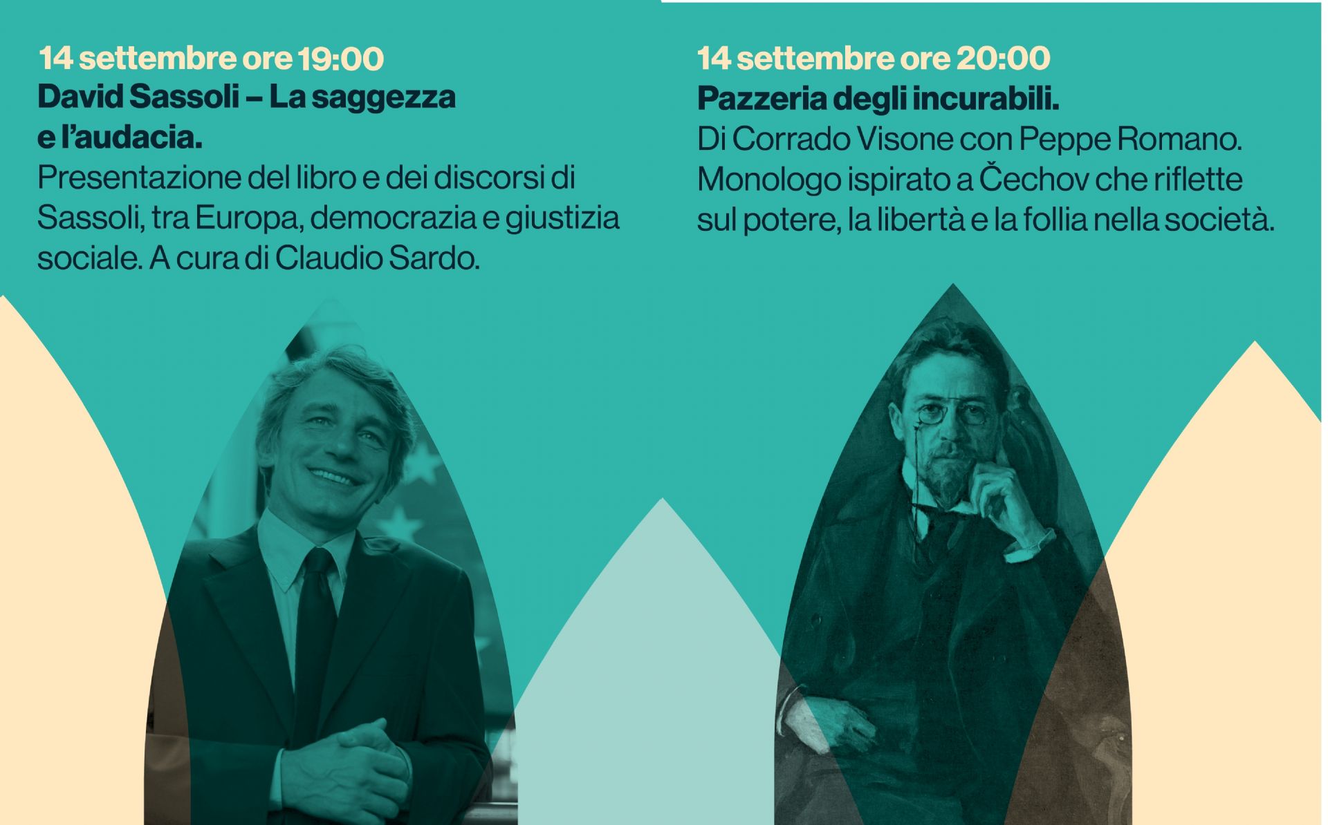 Grafica informativa con la descrizione degli eventi previsti per la giornata, inclusi orari e titoli.